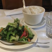 Broccoli dish and coconut rice  at Chiang Mai Kitchen in Oxford