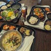 Vegetable mix rice, spicy tofu steaks, and vegetable noodle at HJ Farm/Hajun Farm in Suwanee