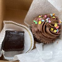 Chocolate truffle brownie and vanilla cupcake with fudge frosting   at Rheinlander Bakery in Arvada