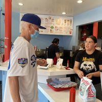 Serving up tasty food to Dodger fans  at Monty's Good Burger - Echo Park in Los Angeles