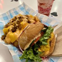 Single cheese burger and loaded fries at Monty's Good Burger - Echo Park in Los Angeles