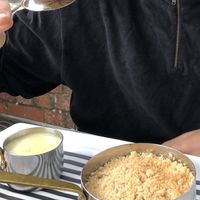 Vegan rhubarb and apple crumble with soy custard  at The Kings Arms in Solihull