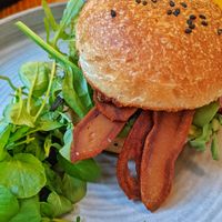 Avocado and locally made seitan bacon breakfast bap at Market Square in Folkestone