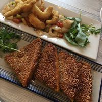 Salt & pepper vegan prawns and sesame vegan prawn toast at Puti Vegan Cafe in Glasgow