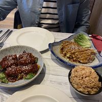 Korean fried ‘chicken’ and crispy fried ‘duck’ in plum sauce with fried rice  at Puti Vegan Cafe in Glasgow