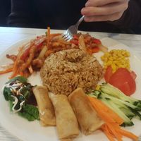 Lunch menu - fried rice, sweet and sour shredded "chicken" with extras at Puti Vegan Cafe in Glasgow