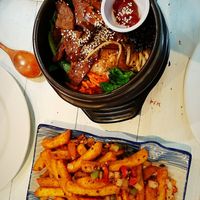 Bibimbap and salt and chilli chips at Puti Vegan Cafe in Glasgow