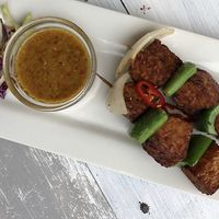 Satay sauce and tempeh skewers  at Puti Vegan Cafe in Glasgow