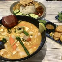 Tom yum with flat rice noodles, Nasi Lemak and Tempeh skewers  #Veganuary at Puti Vegan Cafe in Glasgow