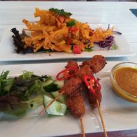 Enoki mushrooms and chicken style skewers at Puti Vegan Cafe in Glasgow