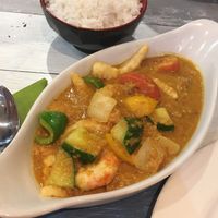 Prawn satay main course with Japanese rice at Puti Vegan Cafe in Glasgow