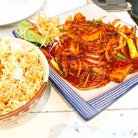 Korean tofu and fried rice at Puti Vegan Cafe in Glasgow