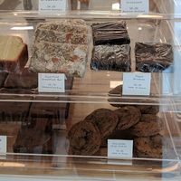 Baked goods case, including vegan brownies. at Off Track in Charleston