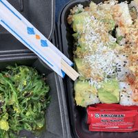 Seaweed salad, vegetarian green’s roll, and vegan dynamite roll. So filling and delicious  at Green's in Blacksburg