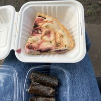 Beetroot and caramelised onion cashew cream tart + stuffed vine leaves at Goji Vegetarian Cafe and Deli in York