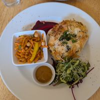 Curry pie, homemade mango chutney and salads at Goji Vegetarian Cafe and Deli in York