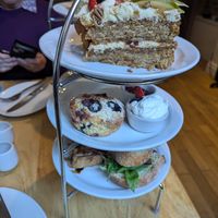 vegan afternoon tea- homemade sandwiches, vegan quiche, scone and cakes at Goji Vegetarian Cafe and Deli in York