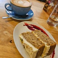 Pistachio and cardamom cake (vegan) at Goji Vegetarian Cafe and Deli in York