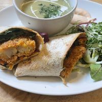 Celeriac soup with cauliflower wrapp  at Goji Vegetarian Cafe and Deli in York