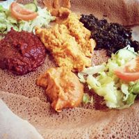 Injera with veggie mixtures at Afrikaans Restaurant Seni in Almere