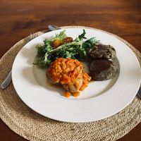 Lentil Meatballs with Potato and Avocado Salad at Quinua y Amaranto in Bogota