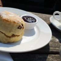 Vegan lemon and sultana scone with jam at The Puffer in Oban
