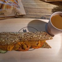 Vegan Schnitzel Baguette.. Super yummy ♡ Coffee with Oatmilk at Backstube - Universitetsgata in Oslo