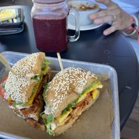 Wanderlust on sesame bagel and smoothie and chili in background   at Pulp in Asbury Park