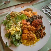 Falafel, vegan paneer, lentils, and many salads at Kasvisravintola Brindavan & Bhajan Cafe in Helsinki