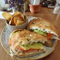 Veggie sandwich. Served with homemade potato crisps. at Cafe de la Mañana in Cartagena