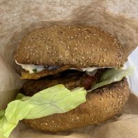 Vegan bacon burger (tofu) and soy meat.  at Green 13 - Lvivska Square in Kyiv