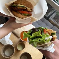 Burger, wrap, soup, sauce with pita  at Green 13 - Lvivska Square in Kyiv