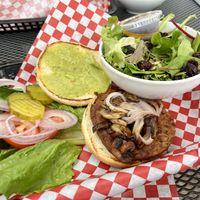 Field roast burger and side salad sans Chèvre with balsamic vinaigrette    at Methow Valley Ciderhouse in Winthrop