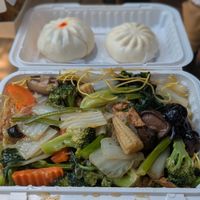 N61 Lo Han Chai Chow Mein, Curry bao on the left, bbq pork bao on the right at King's Cafe in Toronto