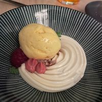 Passion fruit ice-cream, whipped-cream and raspberry. at Ragu in Helsinki