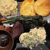 Sweet potato beignet, red wine pear, fennel and cashew salade, kale and smoked mashed potatoes  #Veganuary at De Levensboom in Hasselt