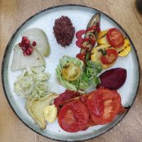 Main course: Black rice, grilled eggplant and zucchini, zucchini pasta, beetroot puree, grilled tofu with tomato sauce, pumpkin with curcuma mayonnaise, Chinese cabbage, white beet at De Levensboom in Hasselt