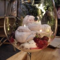 Dessert: spirulina brittle, rice milk ice cream, white chocolate mousse, currants and pomegranate seeds (don't remember layer in the middle) at De Levensboom in Hasselt
