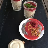 Dessert: cheesecake, chiapudding and white chocolate mousse at De Levensboom in Hasselt