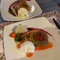 Dessert - fried banana and fruit pancakes with vegan ice cream at BeingSattvaa in Ubud