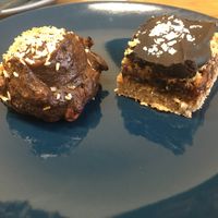 Prune and carob sweet ball (left) and an amazing date and carob slice (right). #vegan at Peacock Cafe in Stanmore