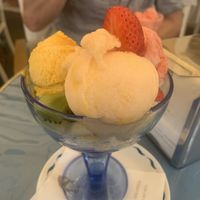 Mango, melon and strawberry gelato over fresh fruit at Pasticceria Da Alberto in Capri