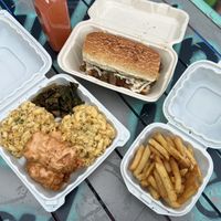 Spicy fried chicken Large mob plate with Greens and double Smackaroni, Divisadero Cheesesteak sandwich  at Vegan Mob in Oakland