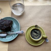 Decadent chocolate brownie and good coffee  at apeti - Ségur in Paris