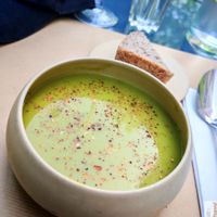 - A gazpacho with peas and mint, very refreshing with this magnificent sunshine and buckwheat rice bread. at apeti - Ségur in Paris