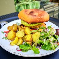 A gluten-free burger with baked apples, very light with its salad. at apeti - Ségur in Paris