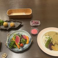 Green curry with vegetables and rice, salad, sweet potato fritter balls, fermented cabbage !  at Goen no Mori in Yugawara