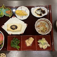 Baked tofu with miso sauce, sweet potato salad, coffee jello, and more!  at Goen no Mori in Yugawara