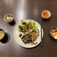 Miso soup, beans with onions and shoyu sauce, and more !  at Goen no Mori in Yugawara