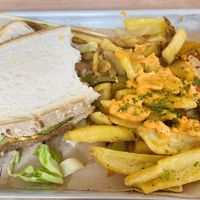 Went back the next day for lunch- Pea/Basil burger w/ Salt & Pepper fries that had Siracha mayo & veggies on them! Yummmmm!   at The Dowry in Lerwick